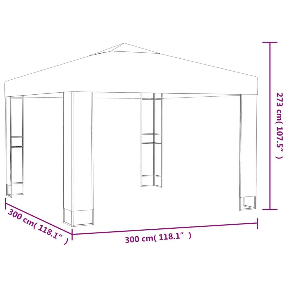 Ein quadratischer Pavillon, weißer Rahmen und Dach. Abmessungen 300cm x 300cm und 273cm Höhe sind angegeben.