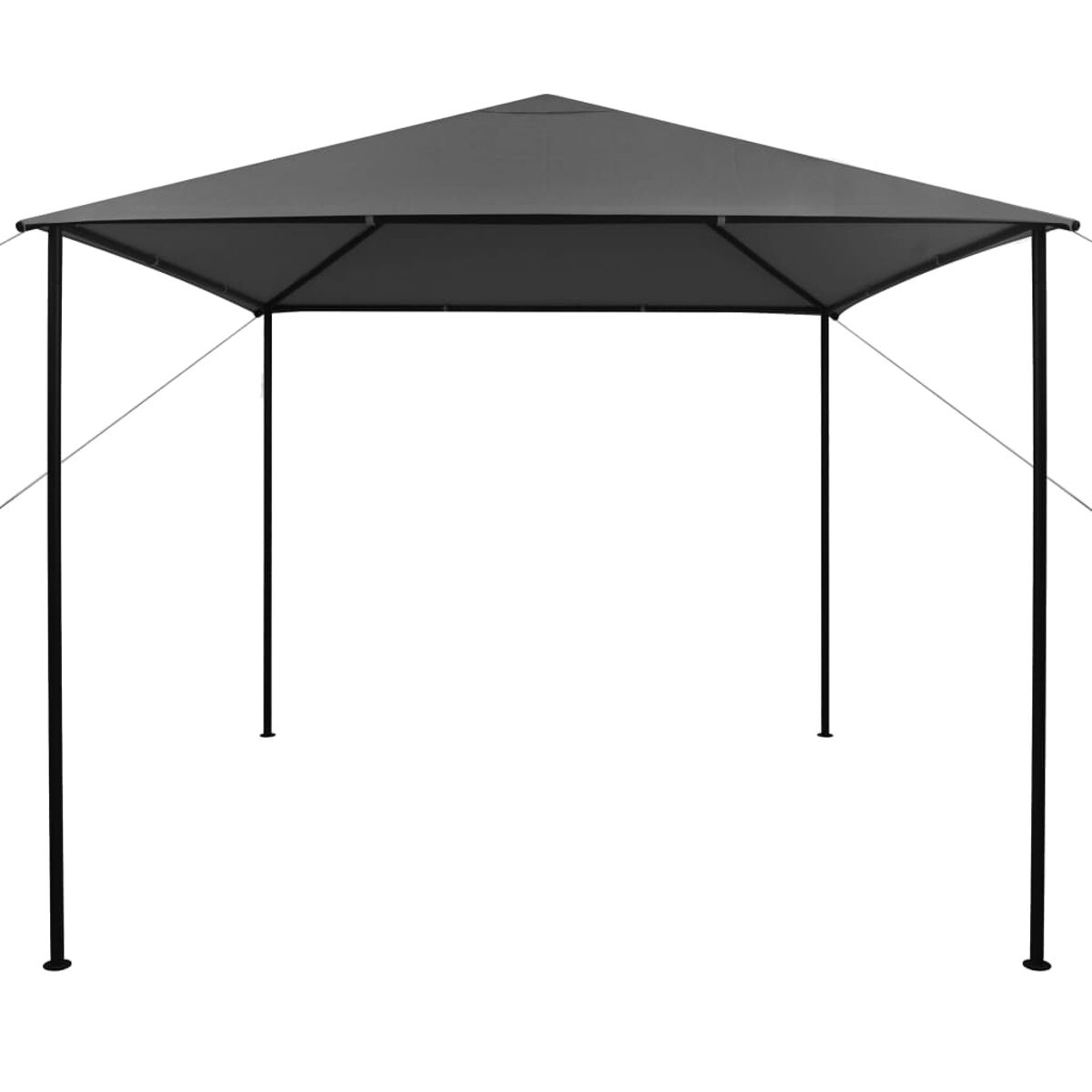 Ein grauer Pavillon mit dunklem Dach und schwarzen Beinen. Es ist ein schlichtes Design.