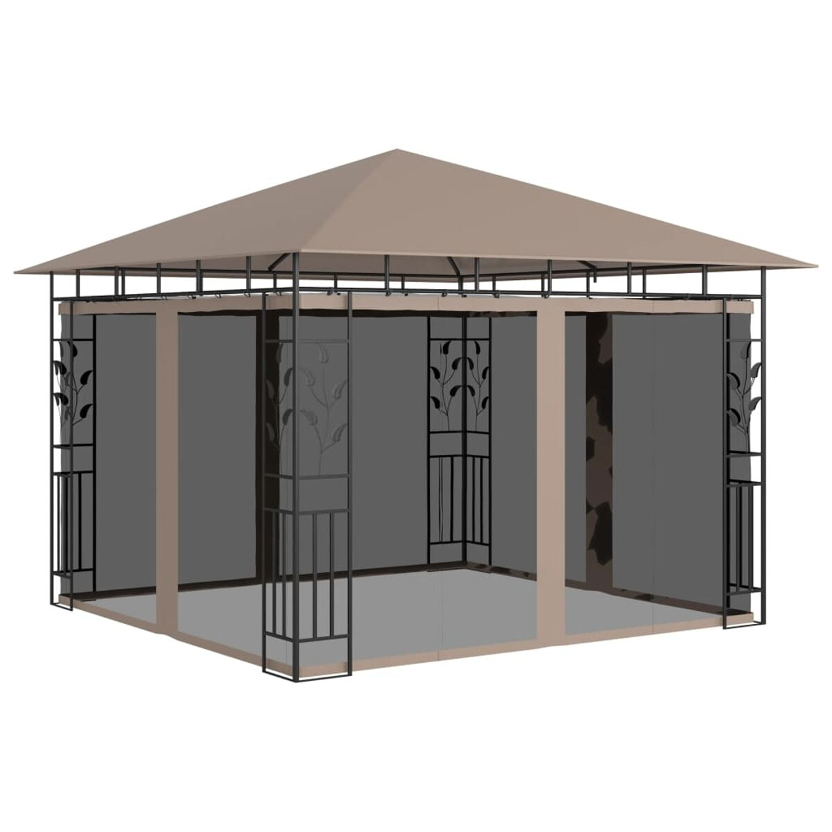 Beigefarbener Pavillon mit braunem Dach und dekorativen schwarzen Metallstützen und -paneelen.