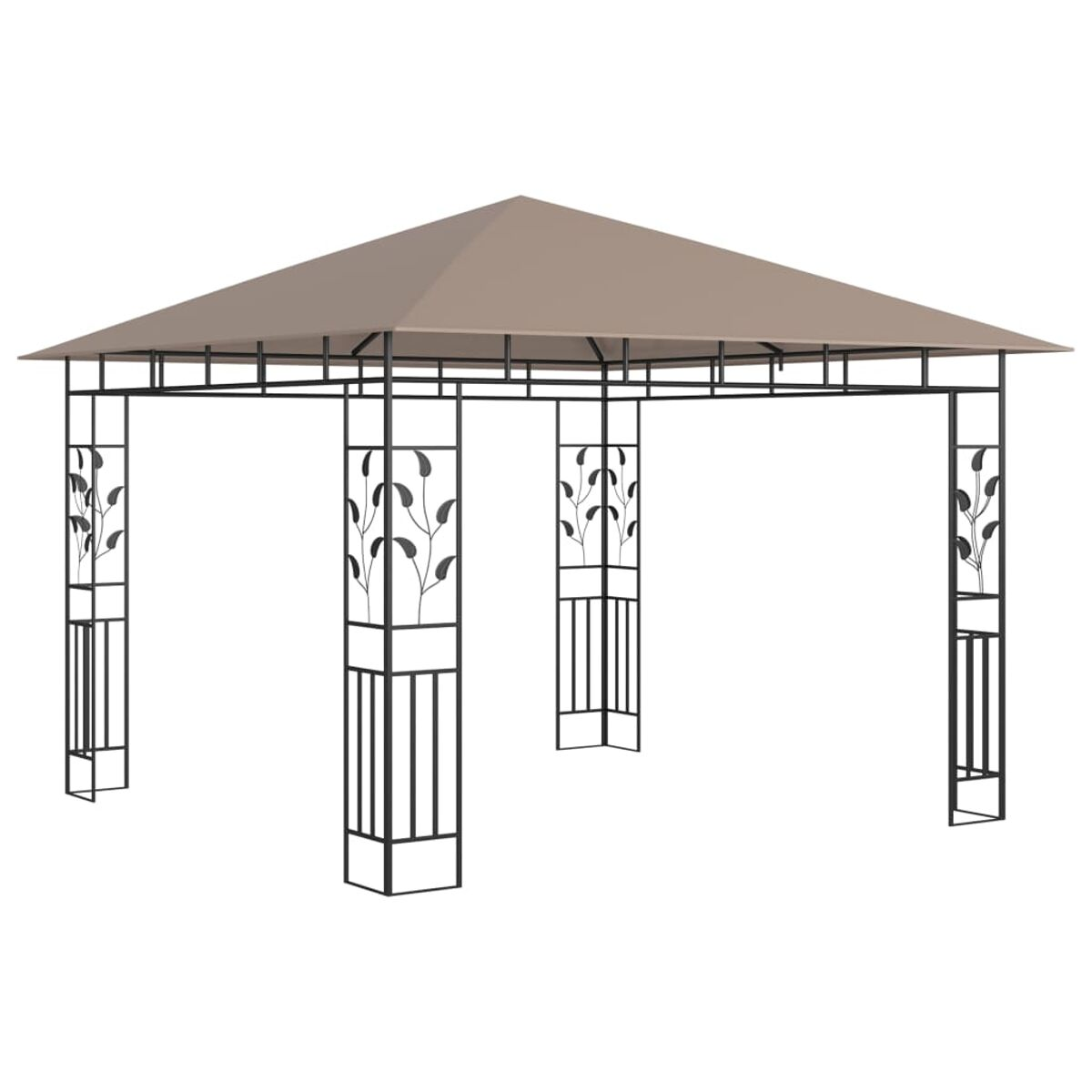 Beige Pavillon mit schwarzem Rahmen, Blattdesign und Abmessungen. Quadratische Struktur mit beigem Dach.