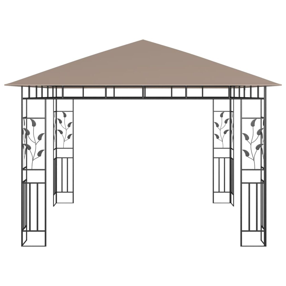 Ein brauner Pavillon mit spitzem Dach, schwarzem Metallrahmen und dekorativen Blattdetails.