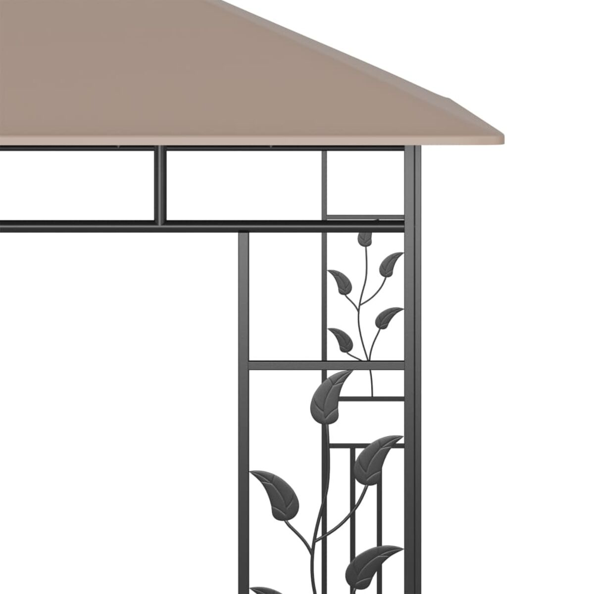 Pavillon-Detail mit Blattdesign. Beiges Dach, schwarzer Rahmen, weißer Hintergrund.