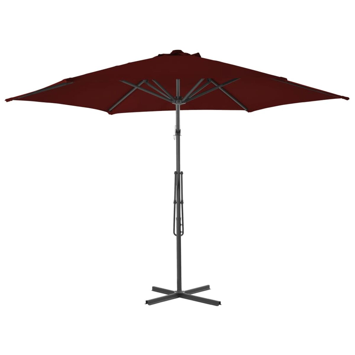 Roter Regenschirm mit dunklem Schaft und schwarzem Fuß. Geöffnet und stehend.