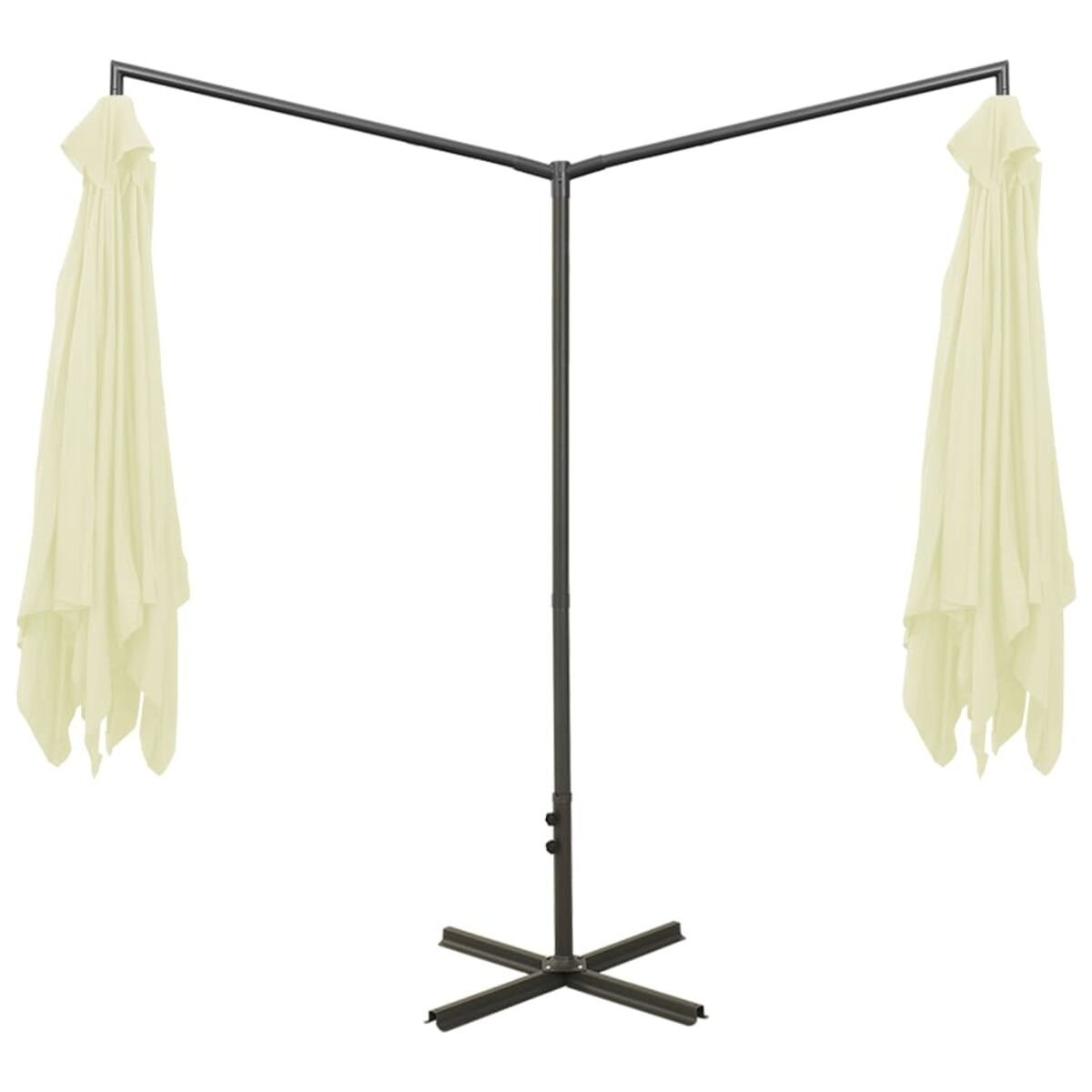 Doppelte cremefarbene Schirmtücher mit schwarzem Stützrahmen.