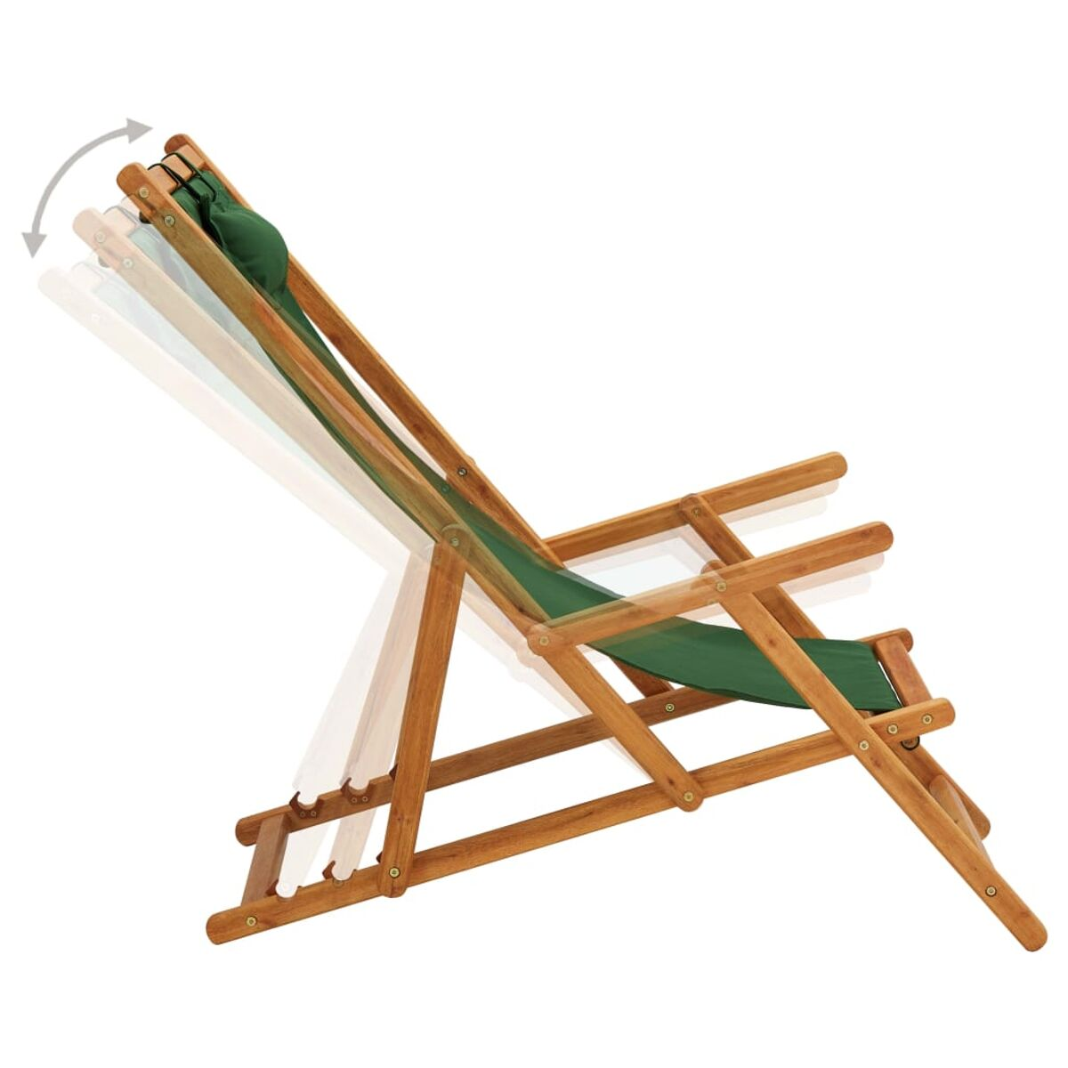 Grüner und brauner Holz-Strandstuhl mit verstellbarer Rückenlehne. Der Stuhl steht auf weißem Hintergrund.