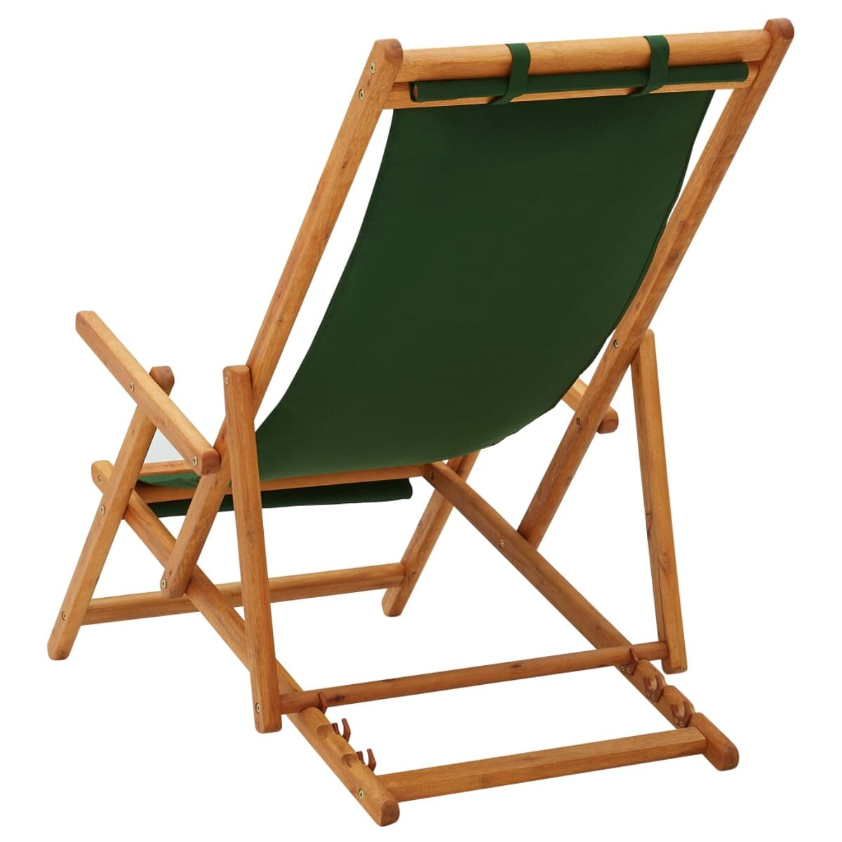 Holz-Strandstuhl mit grünem Stoff. Der Stuhl ist zusammengeklappt und von hinten betrachtet.