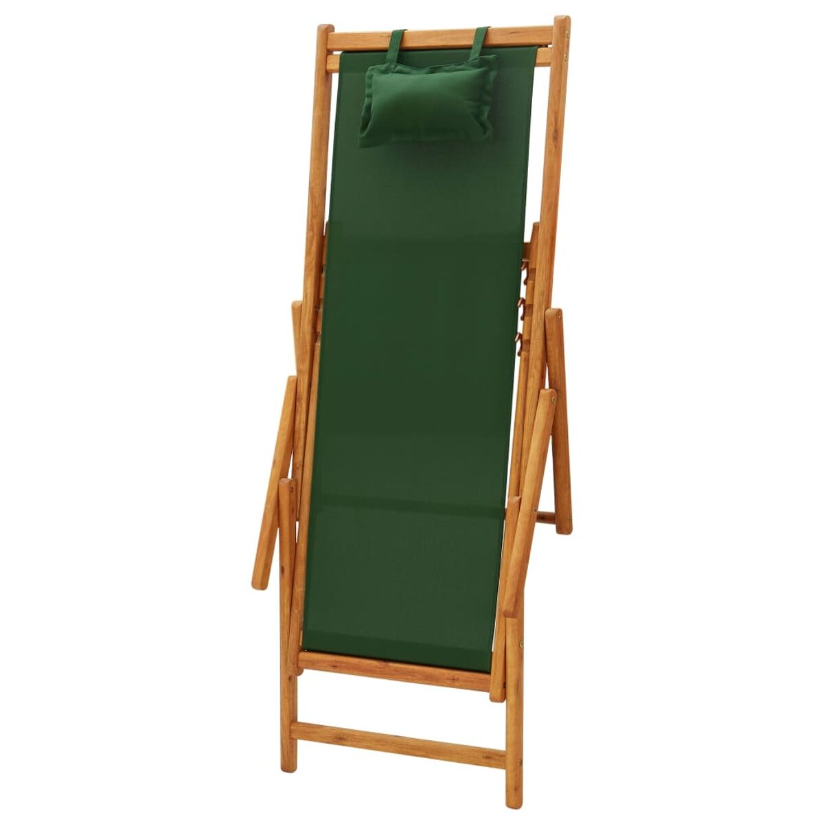 Ein grüner, zurücklehnender Holzstuhl mit einem Kissen.