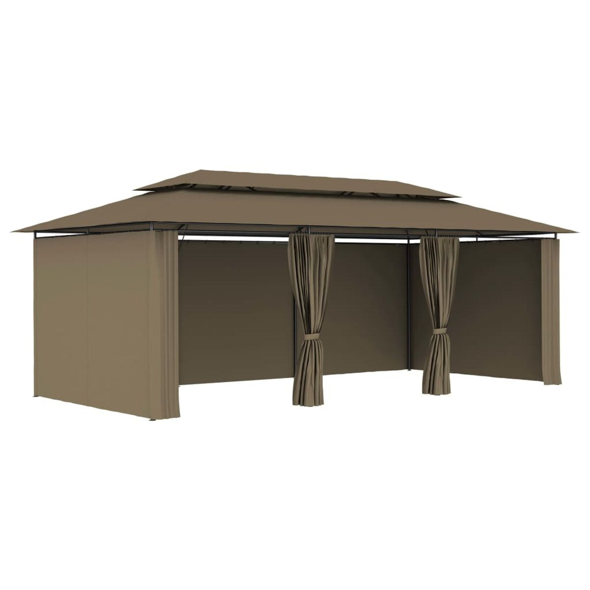 Brauner Pavillon mit Vorhängen. Der Pavillon hat ein Doppeldach und ist offen.