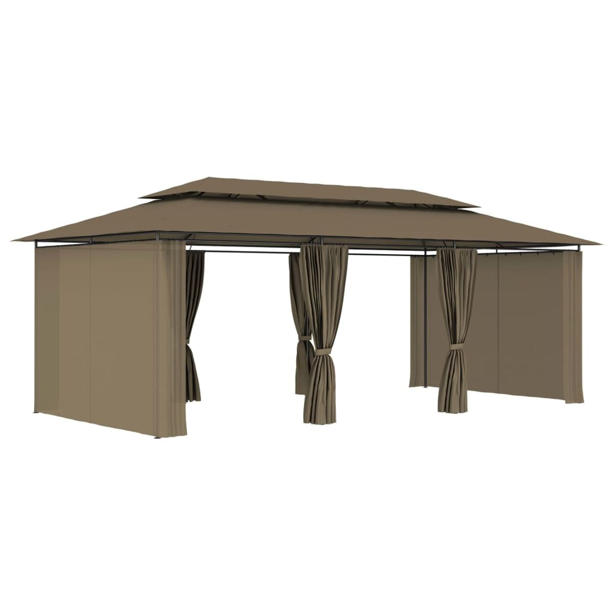 Brauner Pavillon mit drapierten Vorhängen. Schlichter Hintergrund. Outdoor-Umgebung.