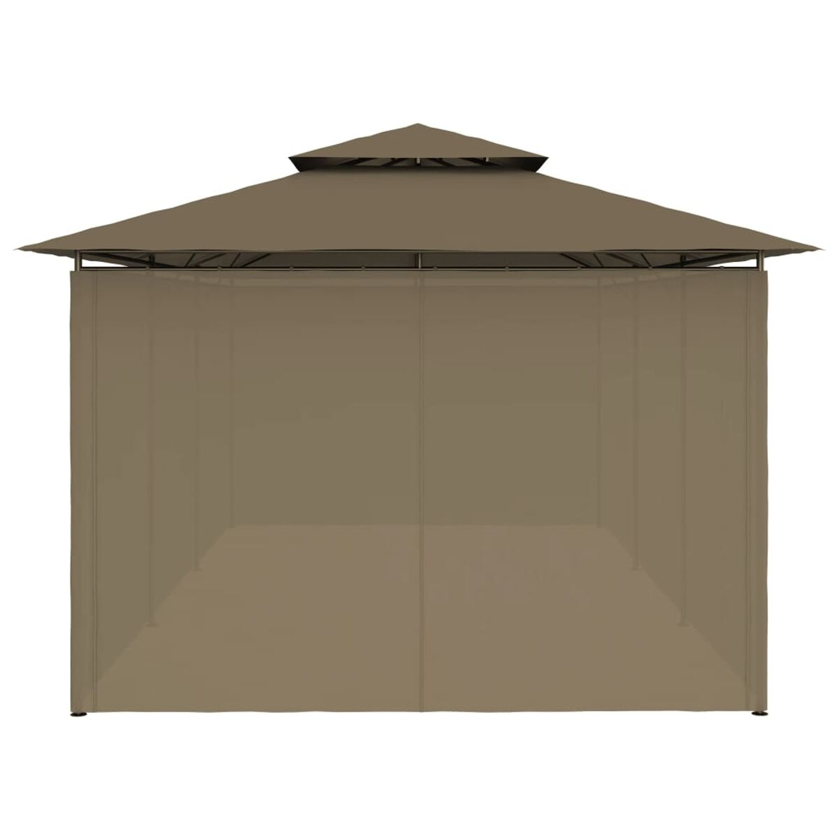 Beigefarbener Outdoor-Pavillon mit Mesh-Seiten und braunem Dach.