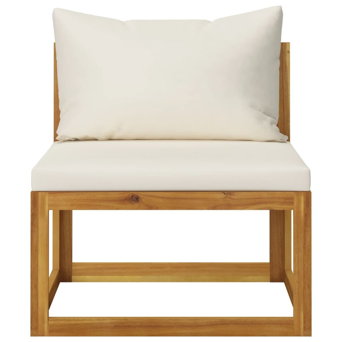 Ein Holzstuhl mit einem weißen Kissen und Kissen. Stuhl ist aus Holz und hat ein quadratisches Design.