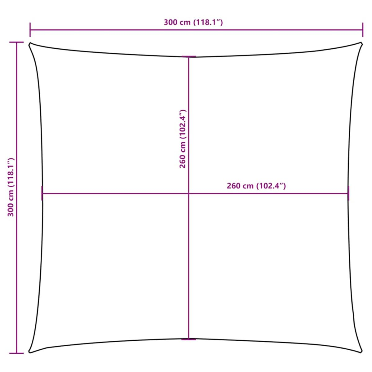 Quadratischer, weißer Sonnenschutz mit Maßangaben. Auf weißem Hintergrund.