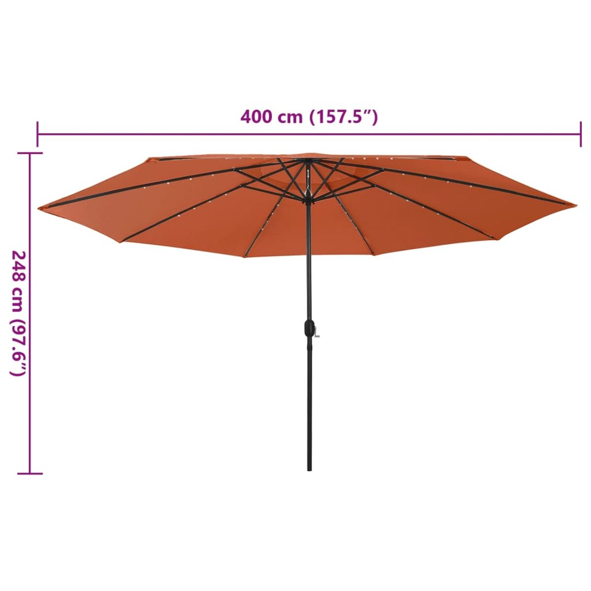 Ein offener, orangefarbener Sonnenschirm, der seine Struktur zeigt. Die Abmessungen betragen 400 cm und 248 cm. Weißer Hintergrund.