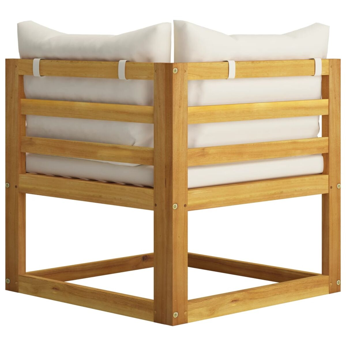 Eck-Outdoor-Sofa aus Holz mit weißen Kissen. Holzrahmen, zwei Kissen auf Sitz und Rücken.