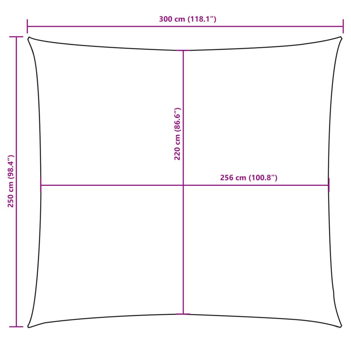 Quadratischer Sonnenschirm mit Abmessungen in cm und quadratischer Form.