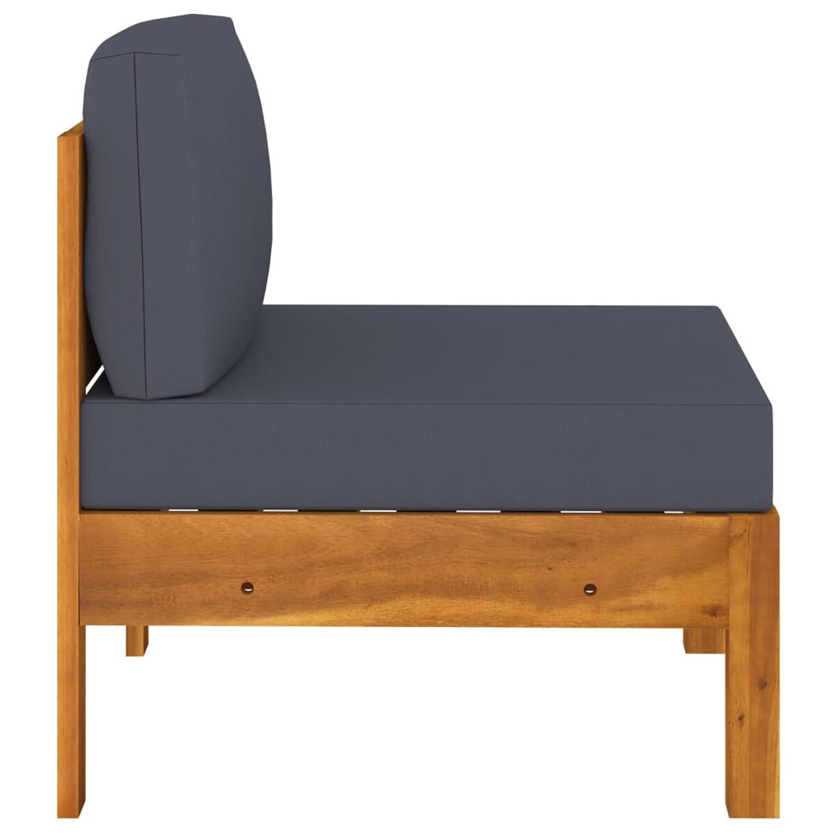 Seitenansicht eines Holzsofas mit grauem Kissen und Rückenlehne. Isoliert auf weißem Hintergrund.