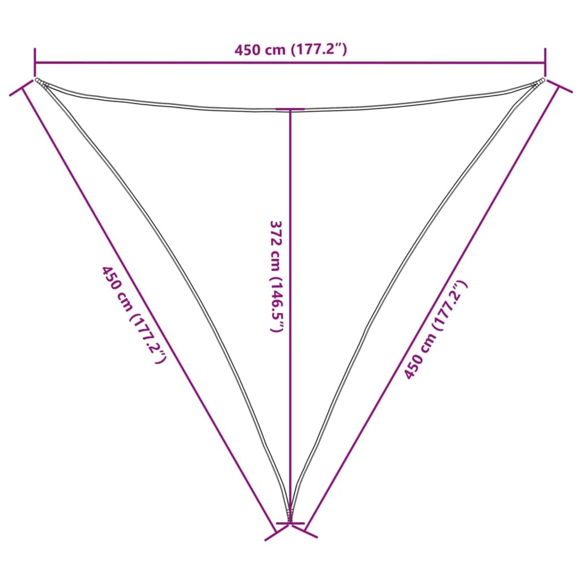 Ein dreieckiger Sonnenschutz, mit 450 cm Seiten und 372 cm Höhe. Weißer Hintergrund.