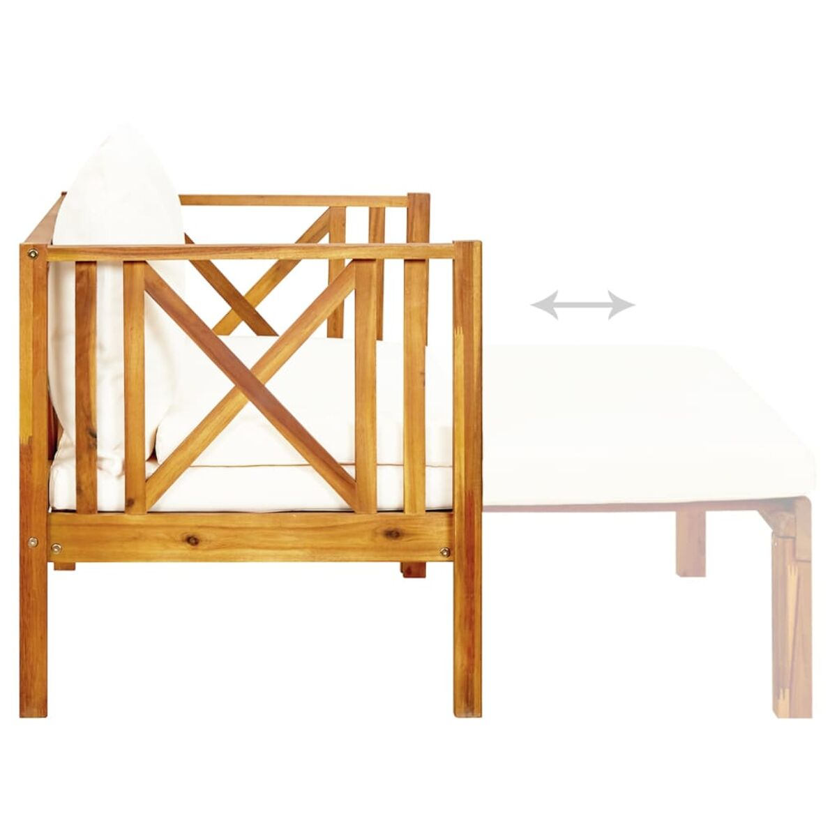 Ein hölzernes Outdoor-Sofa. Ein zweites Sofa ist schattiert und zeigt die erweiterbare Funktion.