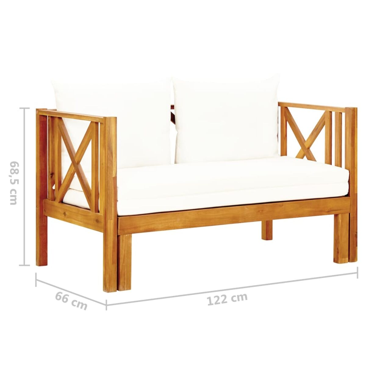 Ein hölzernes Outdoor-Sofa mit weißen Kissen und Abmessungen in cm.