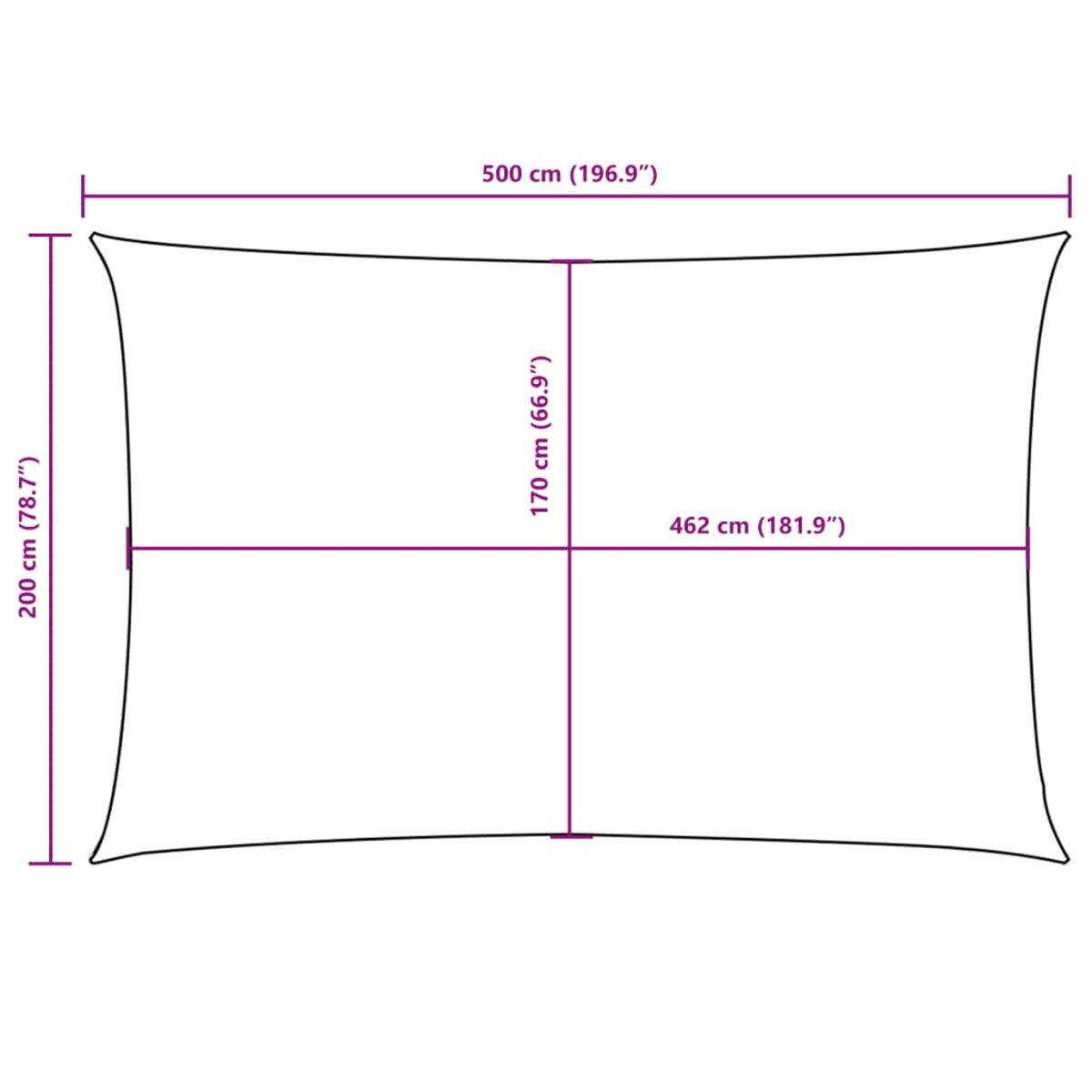 Ein Diagramm eines rechteckigen Sonnenschutzes mit Abmessungen in cm und Zoll.