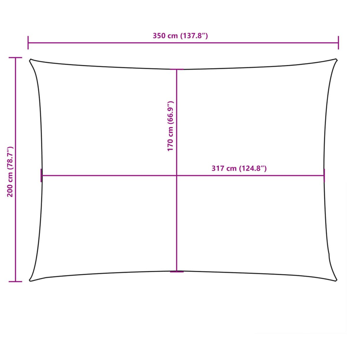 Ein rechteckiger Sonnenschirm. Die Abmessungen sind beschriftet: 350 cm, 200 cm und 170 cm.