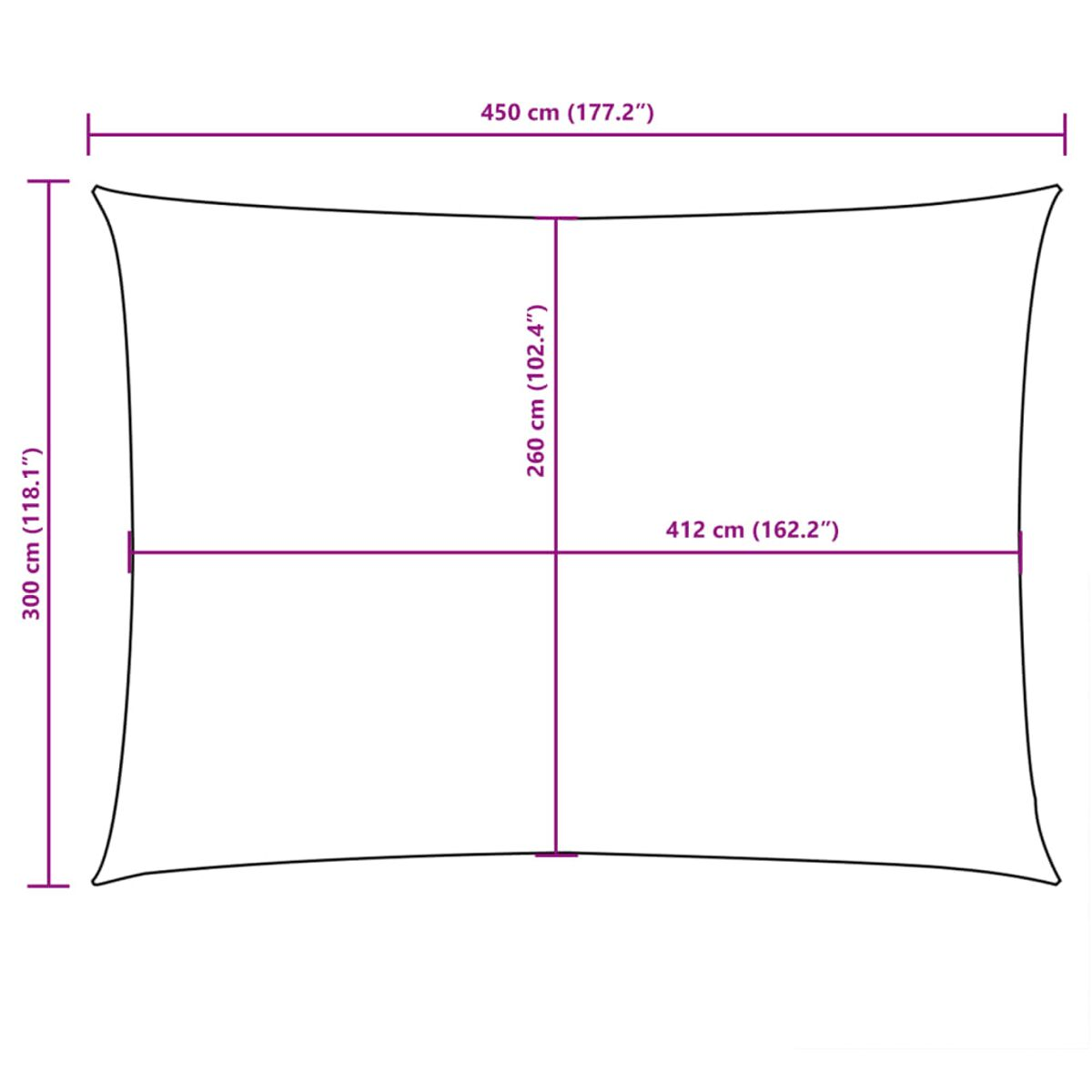 Ein quadratischer Sonnenschirm mit den Maßen 450 cm x 300 cm. Der Hintergrund ist weiß.