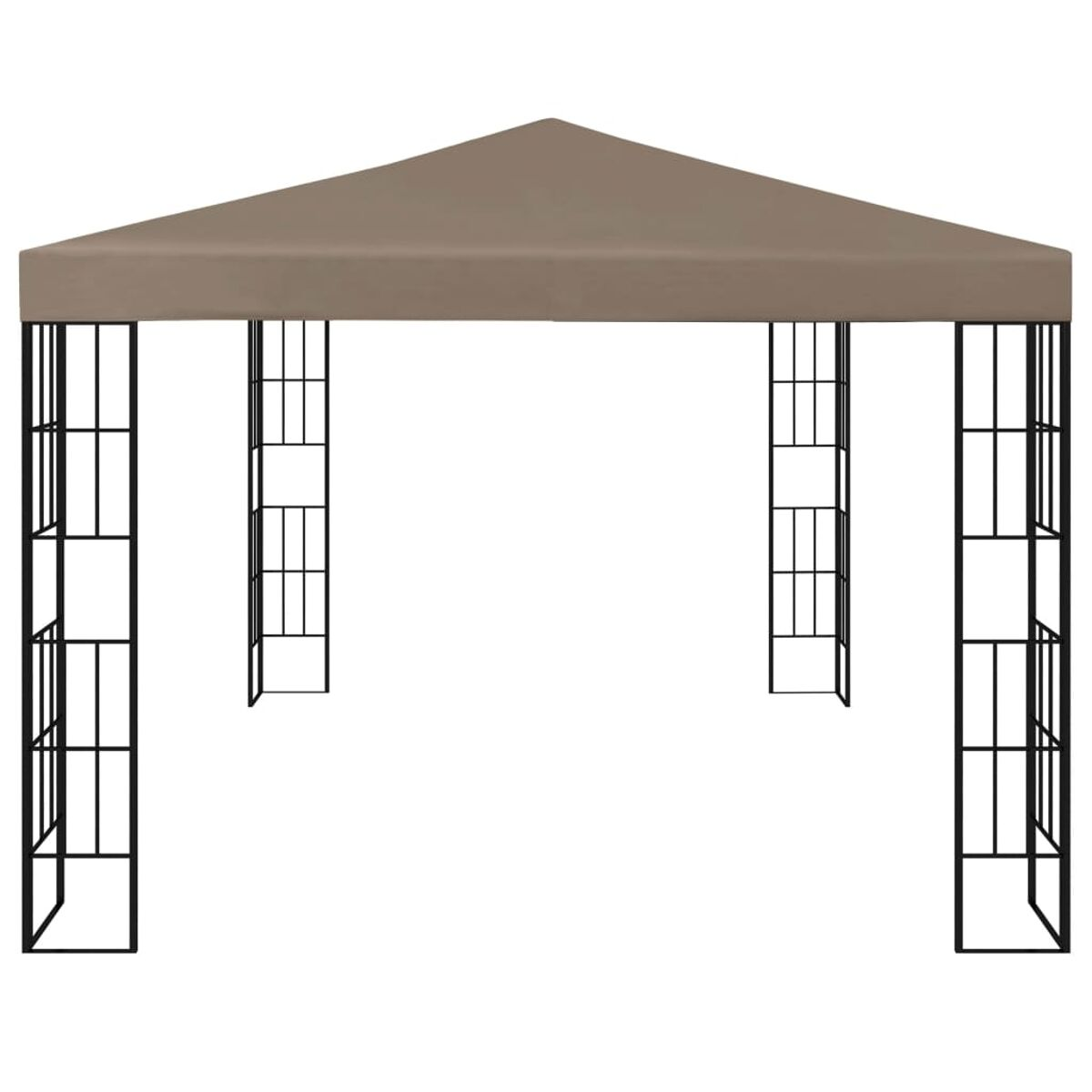 Gazebo con tetto marrone. Struttura nera, design aperto. Sfondo bianco.