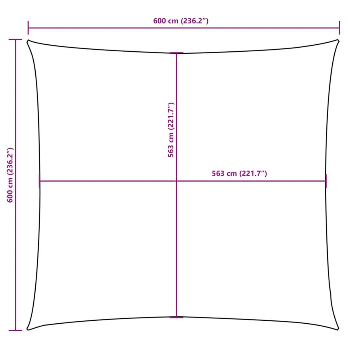 Diagramm eines quadratischen Sonnensegels mit Abmessungen in cm, mit 600 cm Seiten.