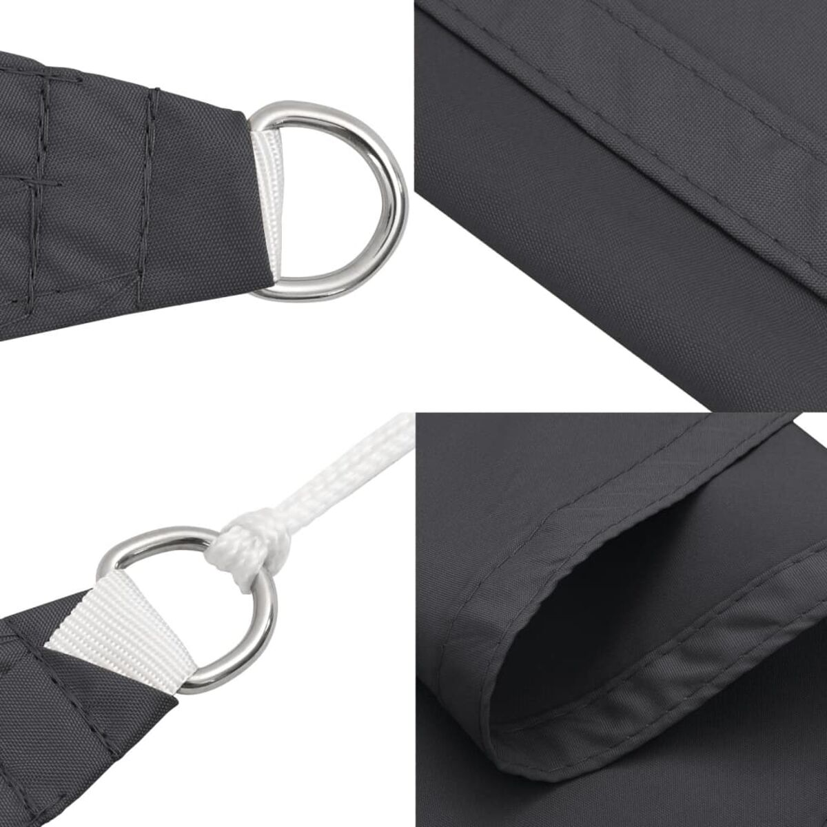 Vier Nahaufnahmen von grauem Stoff, Metallringen und Nahtdetails.