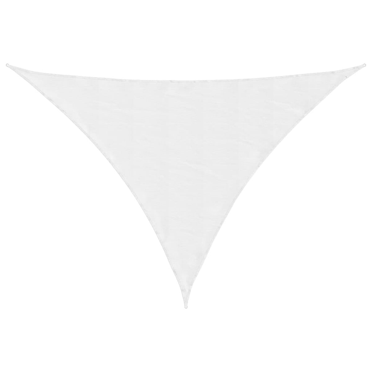 Weißes dreieckiges Sonnensegel. Gleichmäßig beleuchtet, klares Design. Ösen an den Ecken zur Befestigung.