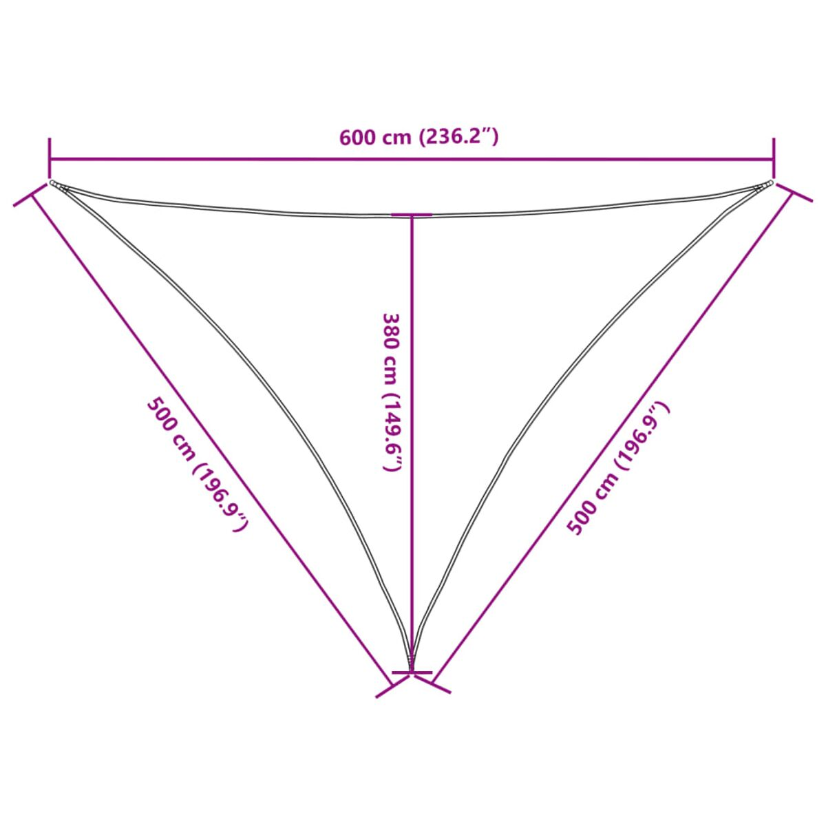 Dreieckiger Sonnenschutz mit Maßen: 600 cm, 380 cm und 500 cm Seiten.