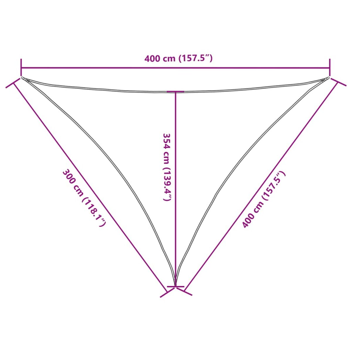 Dreieckiges Sonnensegel mit Maßen: 300cm, 400cm, 354cm.