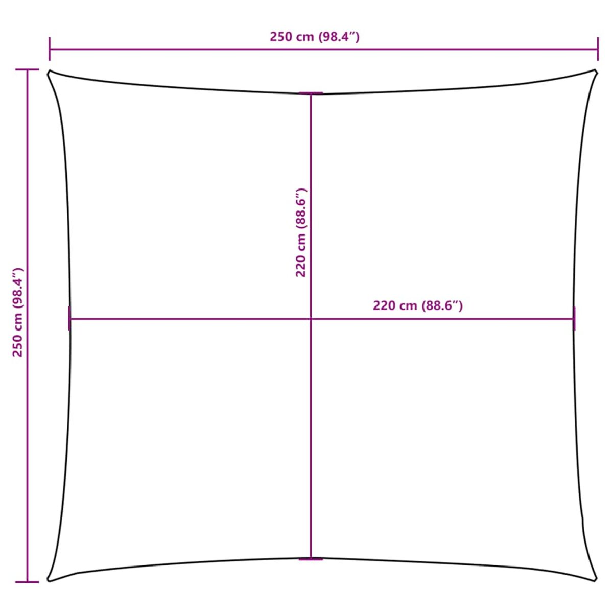 Una vela solare quadrata e bianca con dimensioni indicate sui lati.