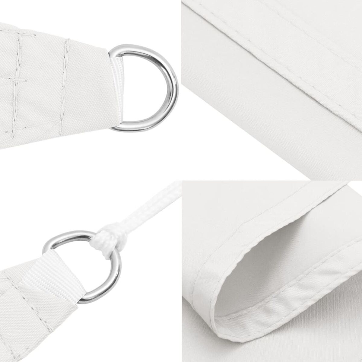 Nahaufnahme von weißem Stoff mit Metallringen und Nahtdetails. Mehrere Ansichten.
