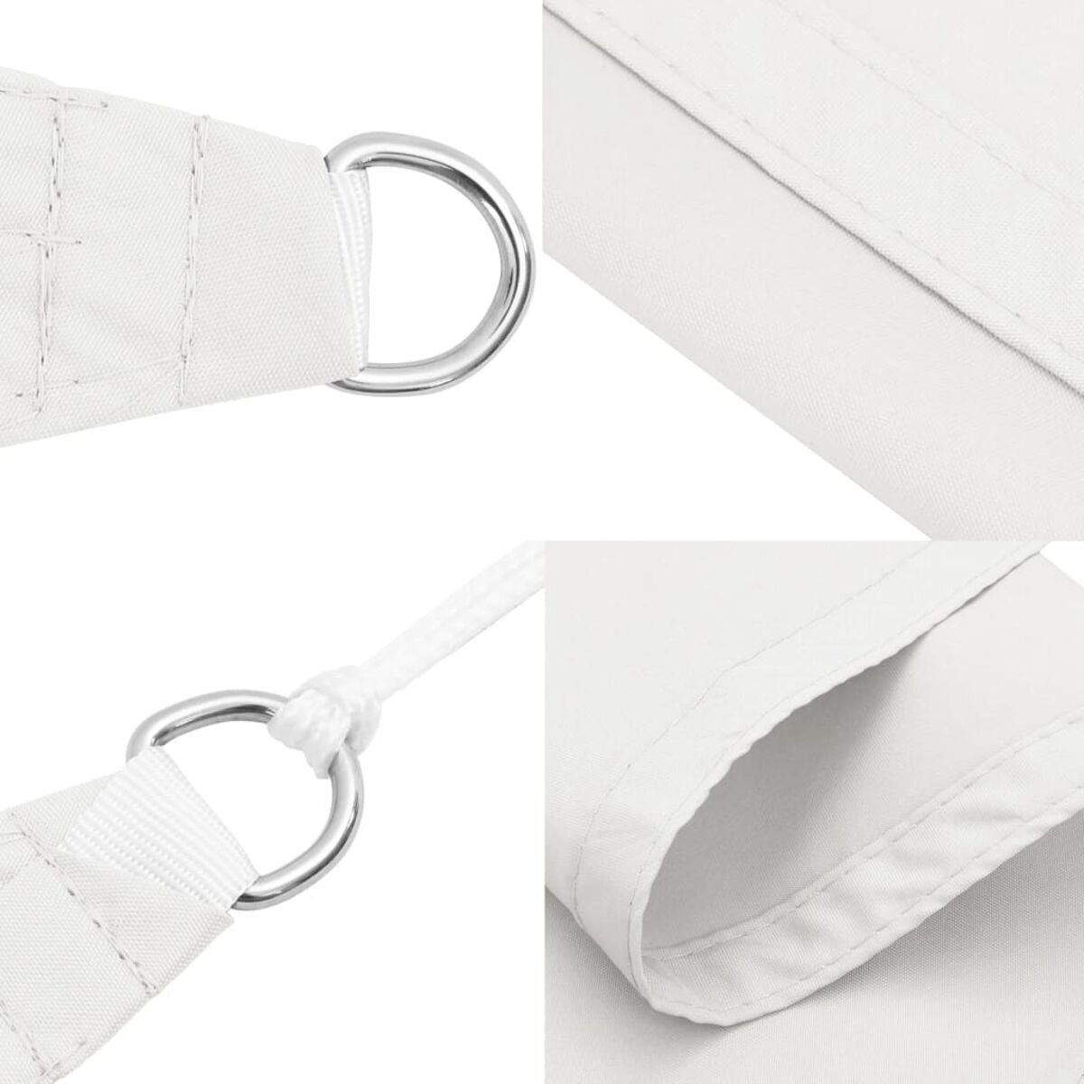Nahaufnahme von weißem Stoff mit D-Ringen. Vier Detailbilder.