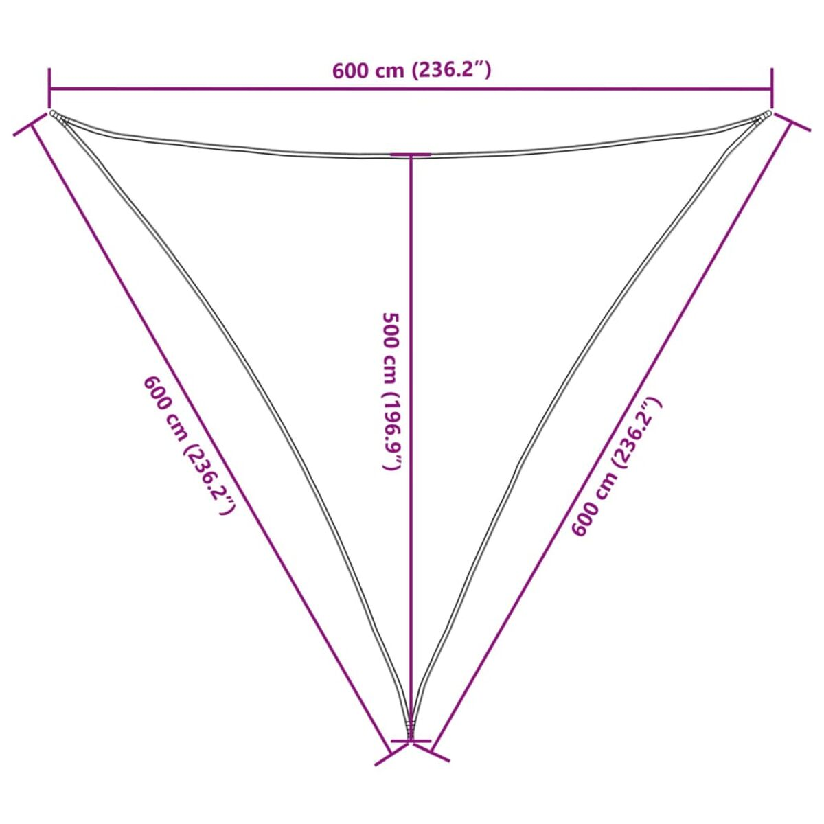 Vela parasole triangolare con misure. Sfondo bianco.