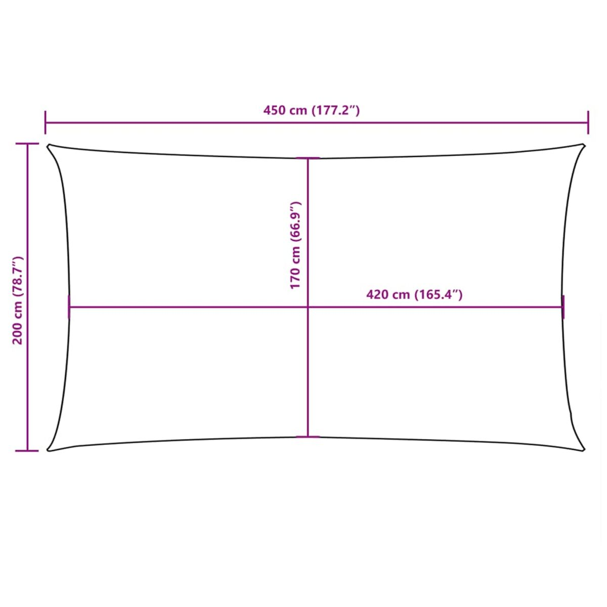 Diagramm eines rechteckigen Sonnensegels. Längen in cm und Zoll.