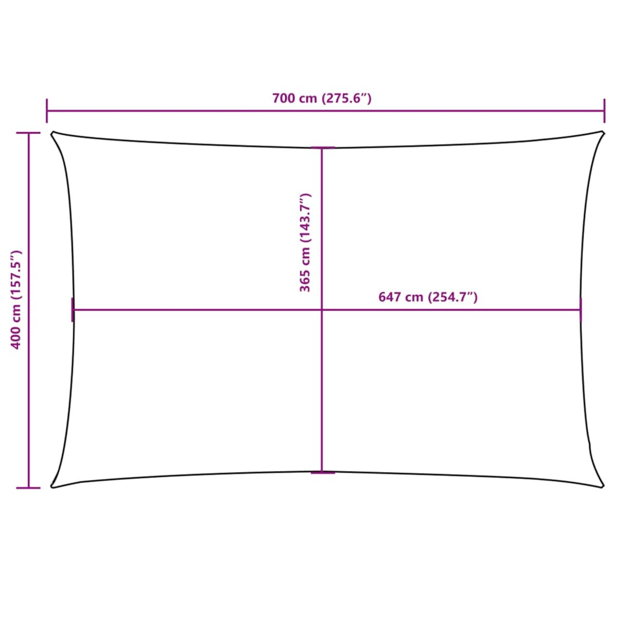 Schema di un parasole rettangolare con dimensioni espresse in cm e pollici.