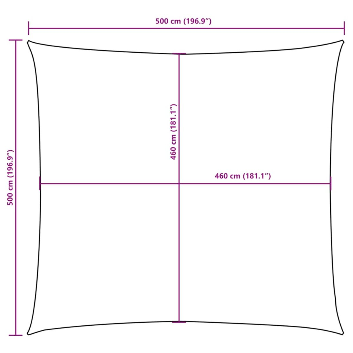Quadratischer Sonnenschutz mit Maßen, schwarze Umrisse.