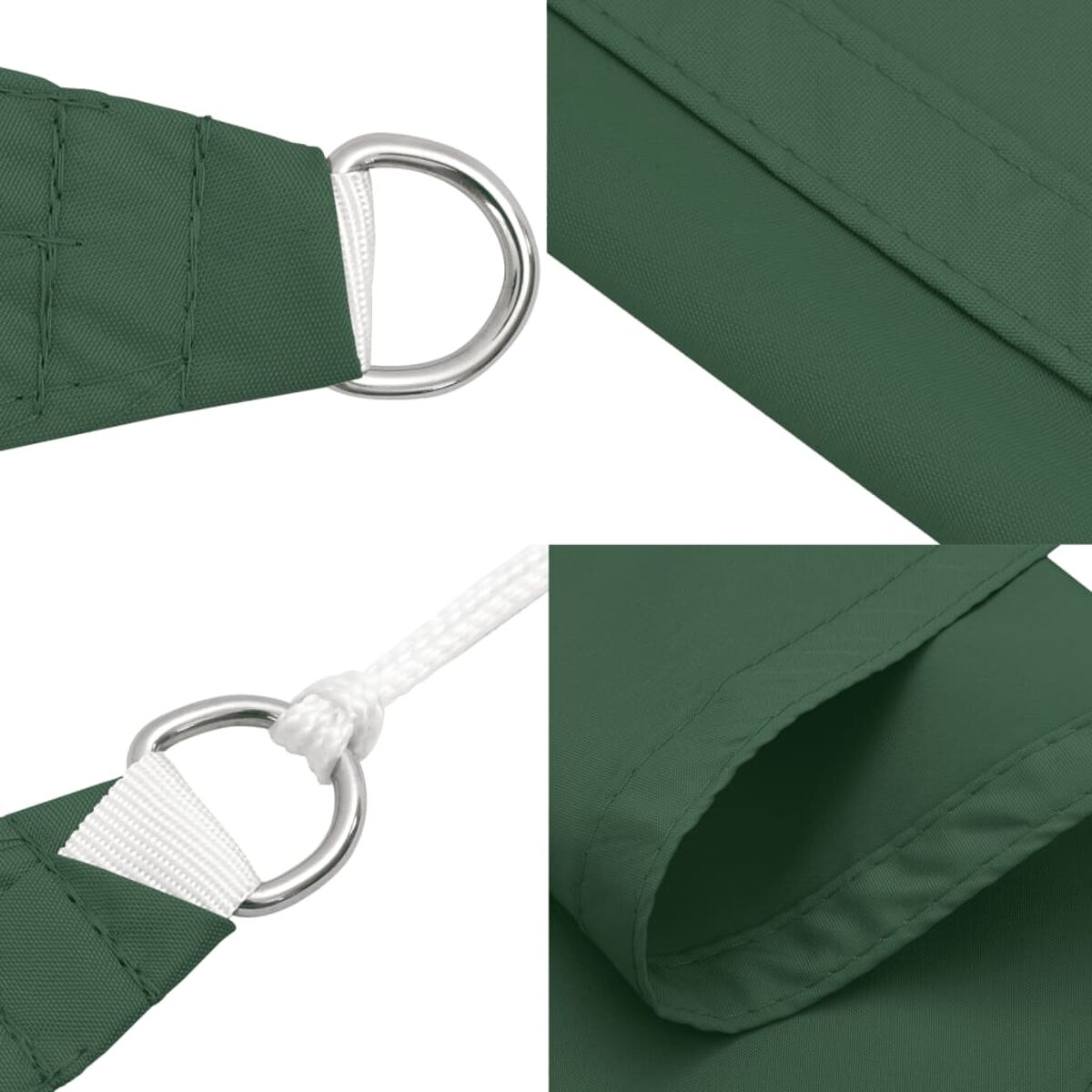 Tessuto ombreggiante verde con anelli in metallo. Dettaglio ravvicinato del materiale e dell'anello, sfondo bianco.