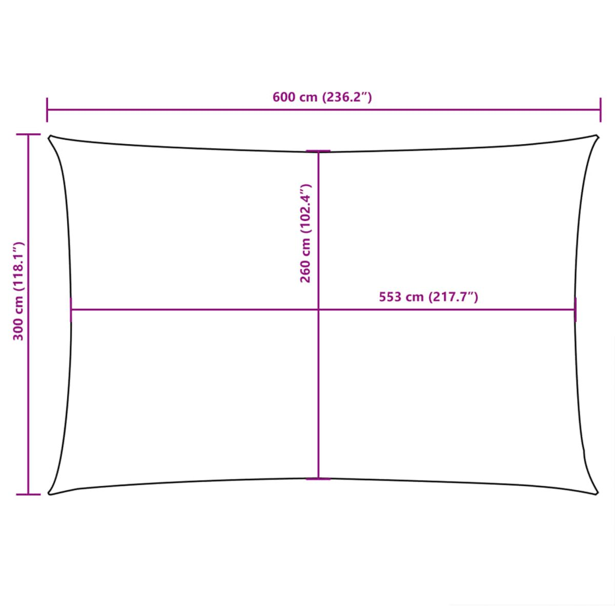 Diagramm eines rechteckigen Sonnensegels mit Abmessungen in cm und Zoll.