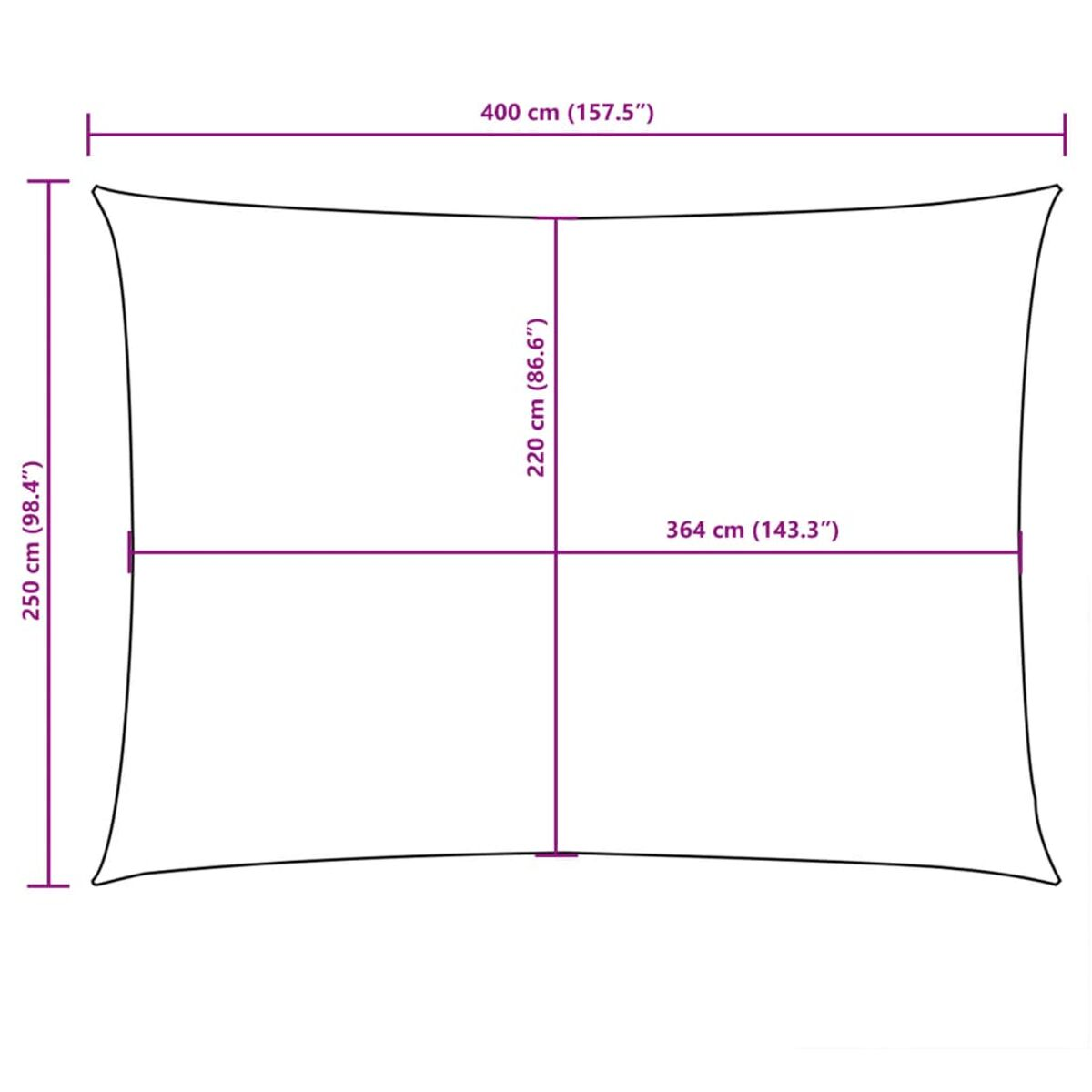 Ein rechteckiger Sonnenschirm mit Maßen. Breite 400 cm, Tiefe 250 cm, Mitte 220 cm.