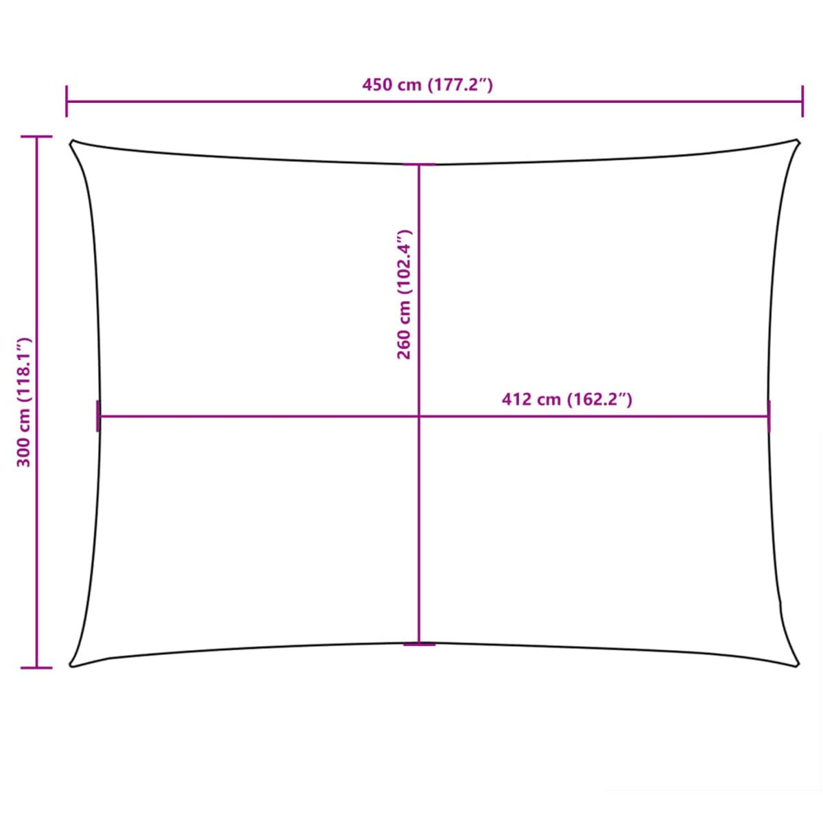 Tenda parasole rettangolare, con dimensioni 450x300 cm. Etichettato con misure.