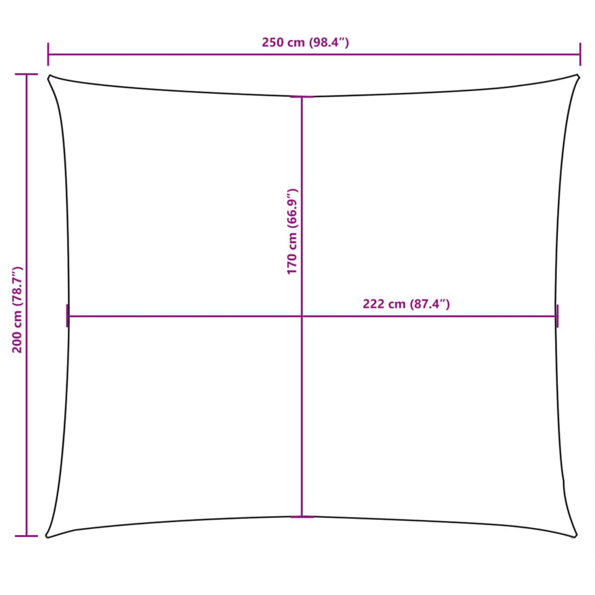 Quadratischer Sonnenschirm. Maße: 250cm x 200cm. Mittellinien markiert. Weißer Hintergrund.