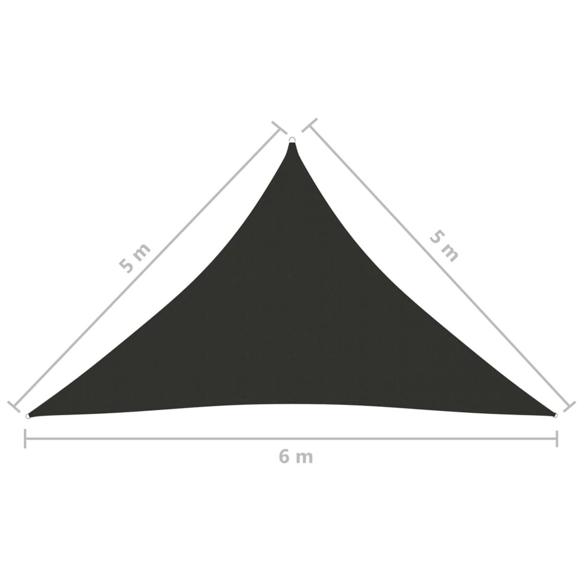 Schwarzes dreieckiges Sonnensegel mit den Maßen 5m, 5m und 6m, vor weißem Hintergrund.
