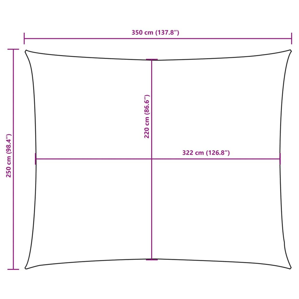 Parasole quadrato, con dimensioni etichettate. Il parasole è bianco con un motivo a griglia.