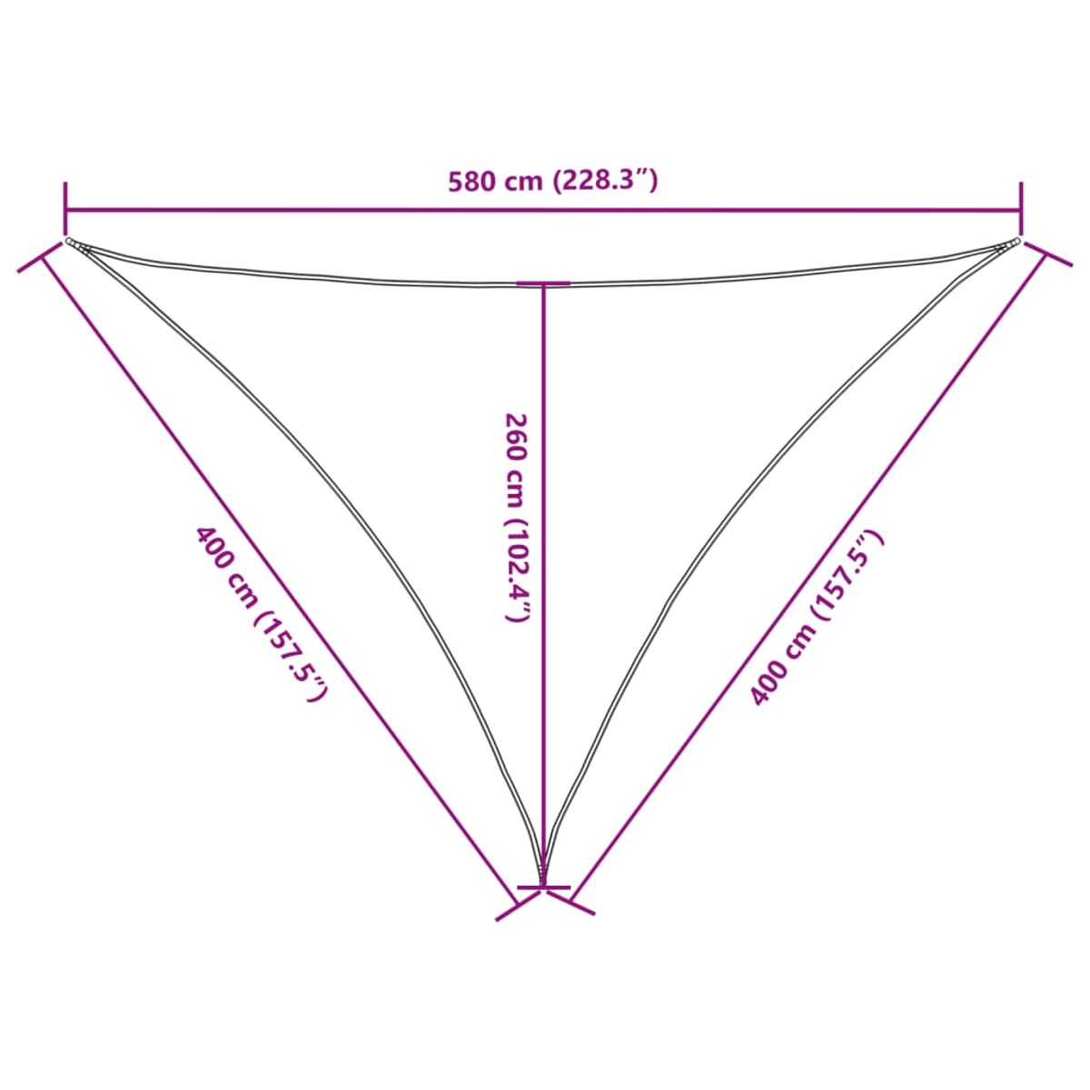 Dreieckiger Sonnenschirm mit Maßangaben. Maße sind 400 cm (157,5") und 260 cm (102,4").