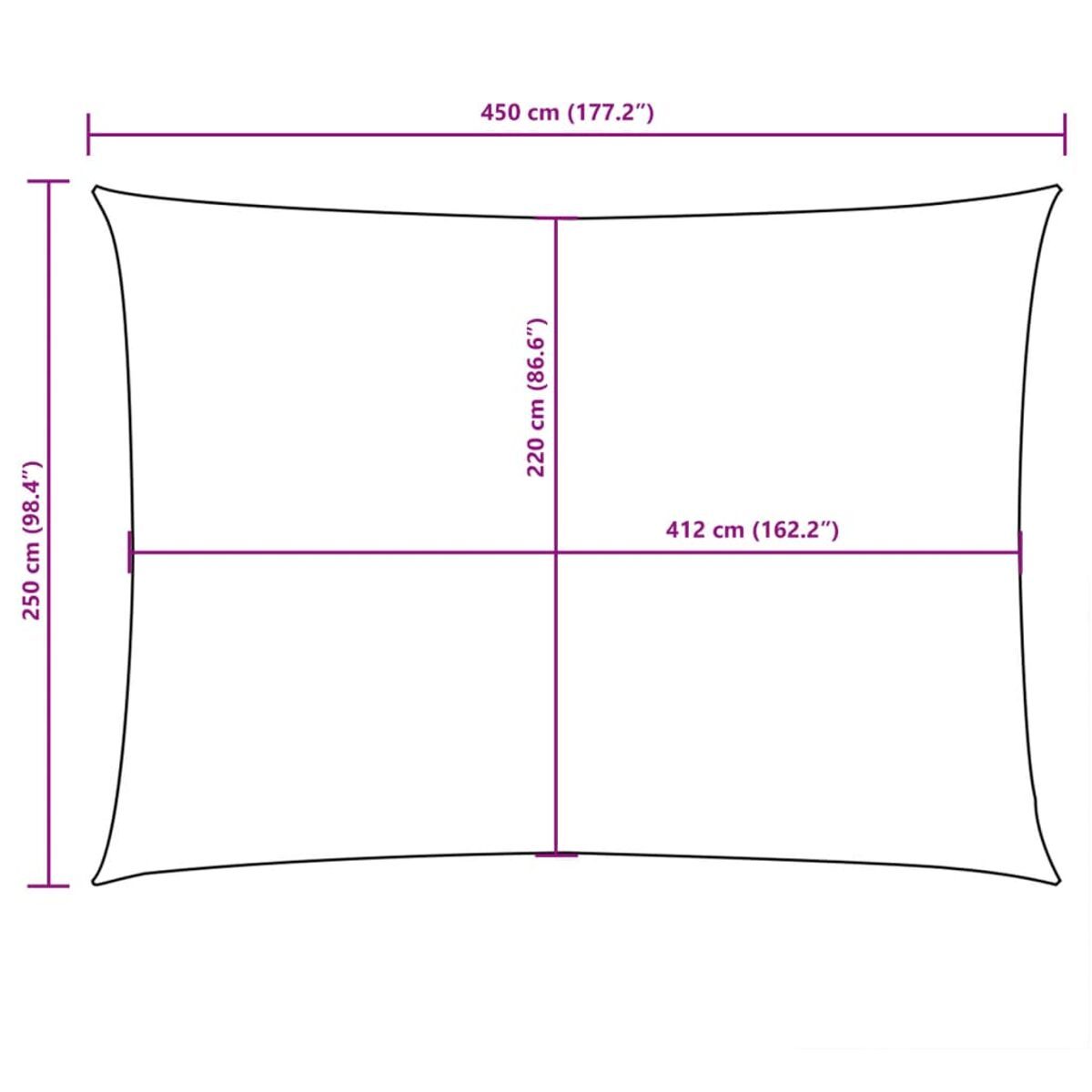 Diagramm eines beigen, rechteckigen Sonnenschutzes mit Abmessungen in cm und Zoll.