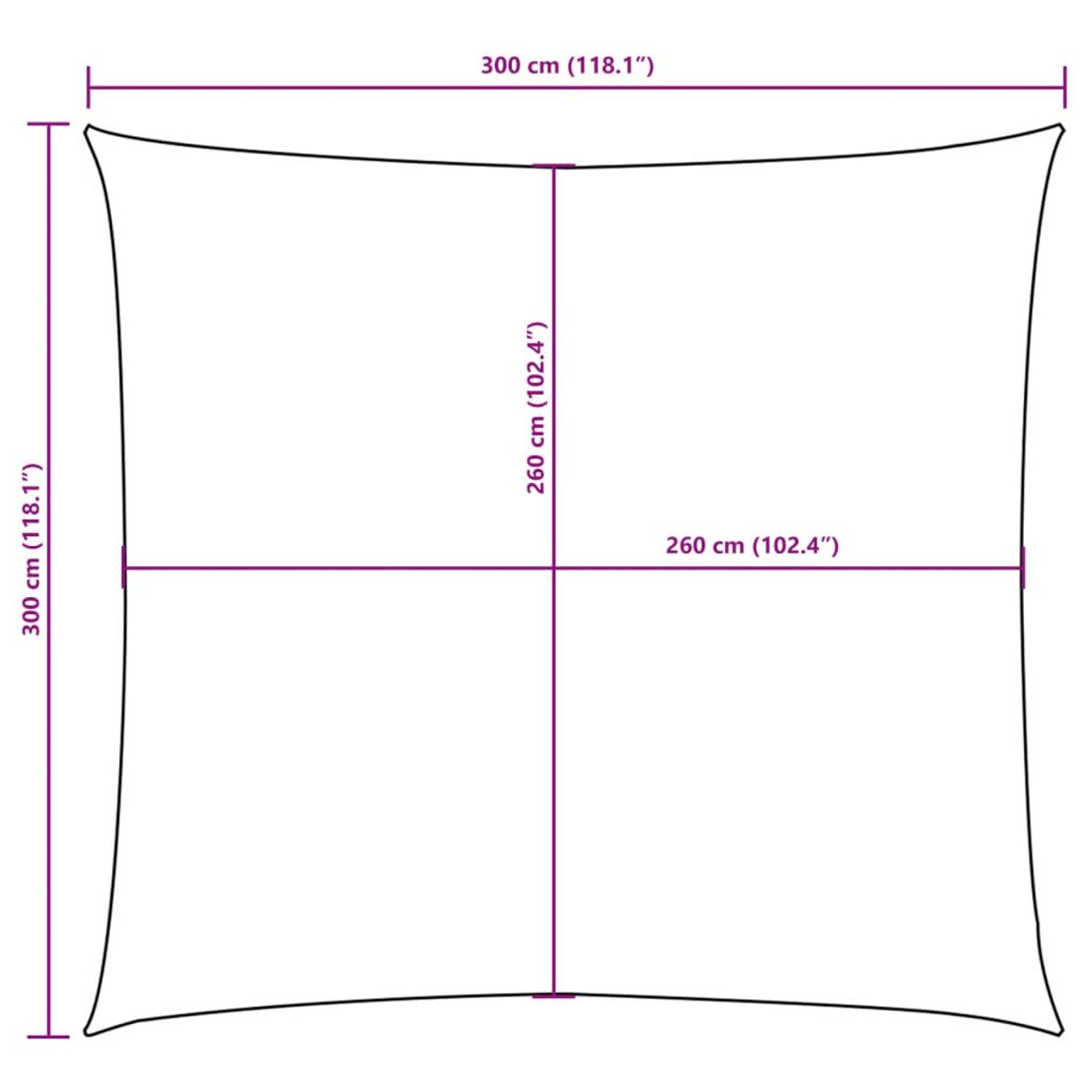 Quadratischer Sonnenschutz mit Maßen in cm. Weiße Kanten und neutraler Hintergrund.