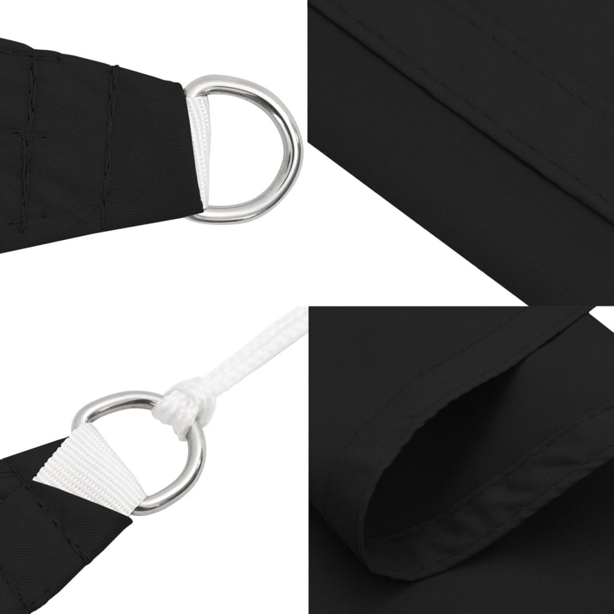 Nahaufnahme von schwarzem Stoff mit Metallringen und Nahtdetails. Verschiedene Winkel.